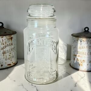 Planters Peanuts 75th Anniversary Glass Canister Jar Mr Peanut Embossed 8” VTG
